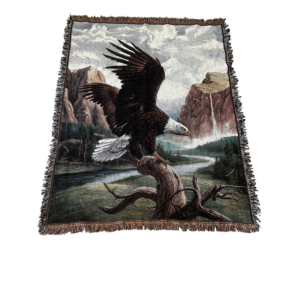 Vintage 1995 Pickett Bald Eagle Woven Tapestry Throw Blanket Fringed Cabin Core‎